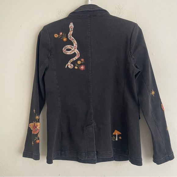Driftwood Hallucinations Embroidered Denim Blazer Jacket Black M Moon Snake - Picture 3 of 6